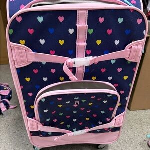 Pottery Barn Navy Rolling Luggage with Multicolor Heart Print and Pink Trim